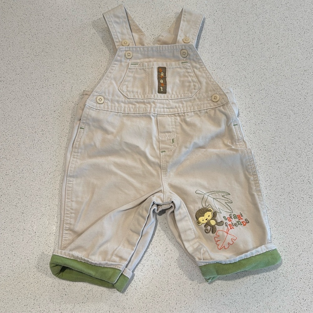 Small Wonders Beige and Green Overalls monkey safari friends 3/6 months